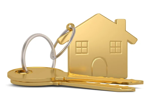 Guld hus nyckel isolerad på vit bakgrund 3D illustration. — Stockfoto