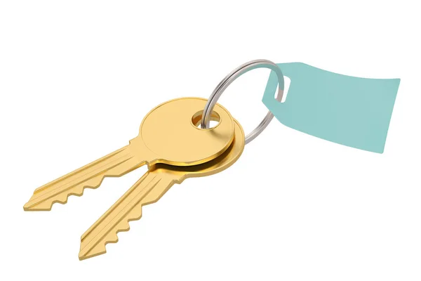 Guld nyckel och etikett isolerad på vit bakgrund 3d illustration. — Stockfoto