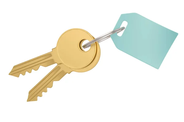 Guld nyckel och etikett isolerad på vit bakgrund 3d illustration. — Stockfoto