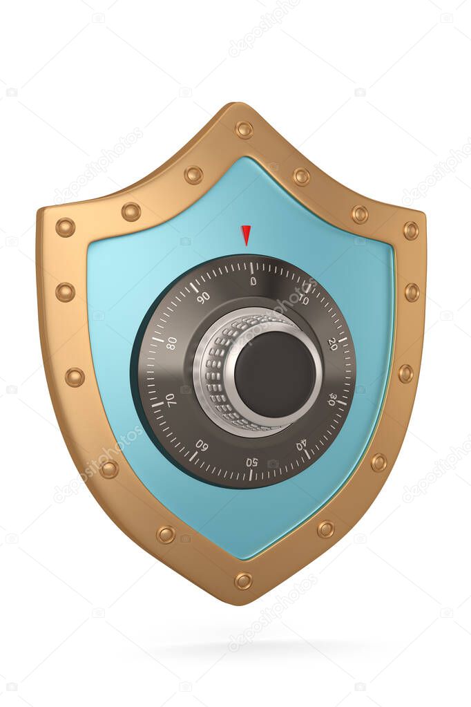 Metal shield with code lock isolated on white background. 3D illustration.