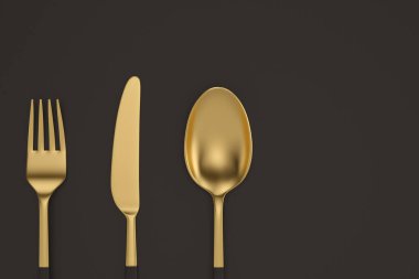 Siyah arka planda altın çatal ve kaşık takımı. 3B illüstrasyon.