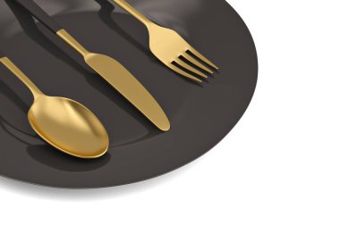 Beyaz arka planda izole edilmiş altın çatal ve kaşık takımı. 3B illüstrasyon.