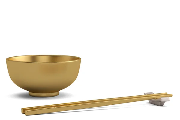 Gold Chopsticks Bowl Isolated White Background Illustration — Stock Photo, Image