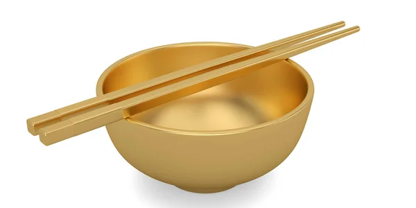 Gold Chopsticks Bowl Isolated White Background Illustration — Stock Photo, Image