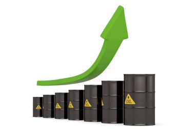 Petrol Fiyatı Krizi Konsepti petrol varilleri ve beyaz arka planda izole edilmiş ok. 3B illüstrasyon.
