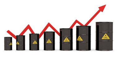 Petrol Fiyatı Krizi Konsepti petrol varilleri ve beyaz arka planda izole edilmiş ok. 3B illüstrasyon.