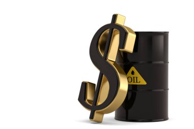 Beyaz arka planda petrol varili ve dolar işareti var. 3B illüstrasyon.