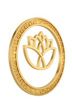 Beyaz arka planda lotus logosu olan altın mermi. 3B illüstrasyon.