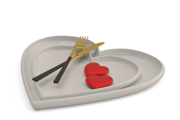 Placa Corazón Con Cuchillo Tenedor Aislado Sobre Fondo Blanco Ilustración —  Fotos de Stock
