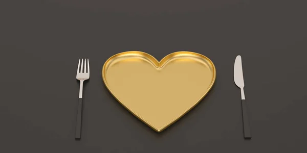 Placa Corazón Con Cuchillo Tenedor Sobre Fondo Negro Ilustración — Foto de Stock