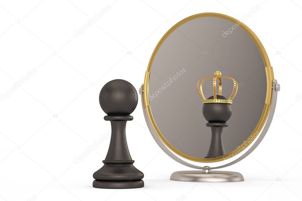 Creative concept chess and  mirror  isolated on white background. 3D illustration.