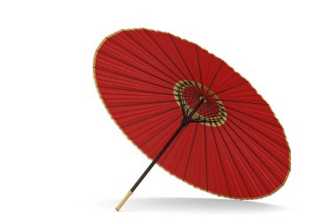 Beyaz arka planda izole edilmiş kırmızı Japon şemsiyesi. 3B illüstrasyon.