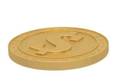 Beyaz arka planda izole edilmiş büyük altın sikke. 3B illüstrasyon.