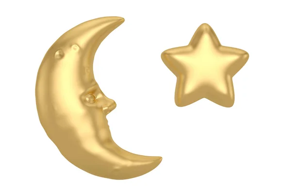 Kartun Bintang Emas Dengan Bulan Terisolasi Pada Latar Belakang Putih — Stok Foto