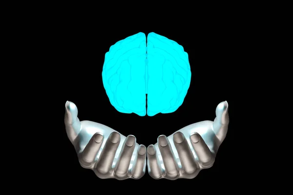 Conceito Mente Artificial Mãos Com Cérebro Brilhante Ilustração — Fotografia de Stock
