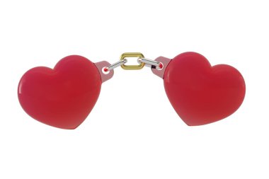 Beyaz arka planda zincirlenmiş iki kalp. 3B illüstrasyon.