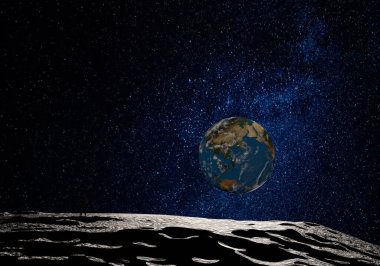 Bilim kurgu uzay sahnesi, Ay yüzeyinden görünen mavi dünya. 3B illüstrasyon.
