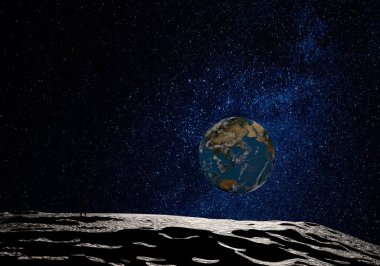 Bilim kurgu uzay sahnesi, Ay yüzeyinden görünen mavi dünya. 3B illüstrasyon.