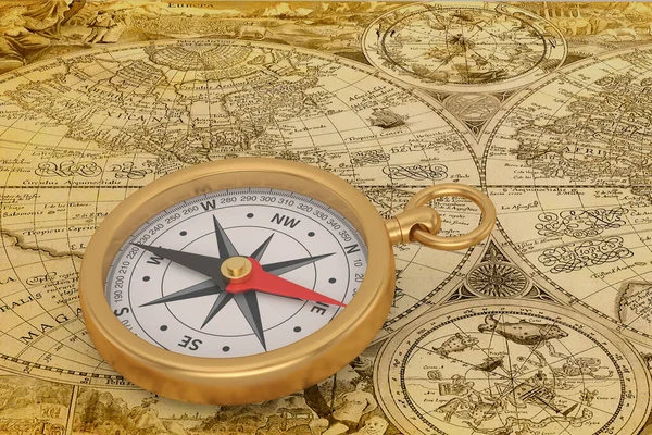 Złoty Kompas Starym Tle Mapy Ilustracja — Zdjęcie stockowe