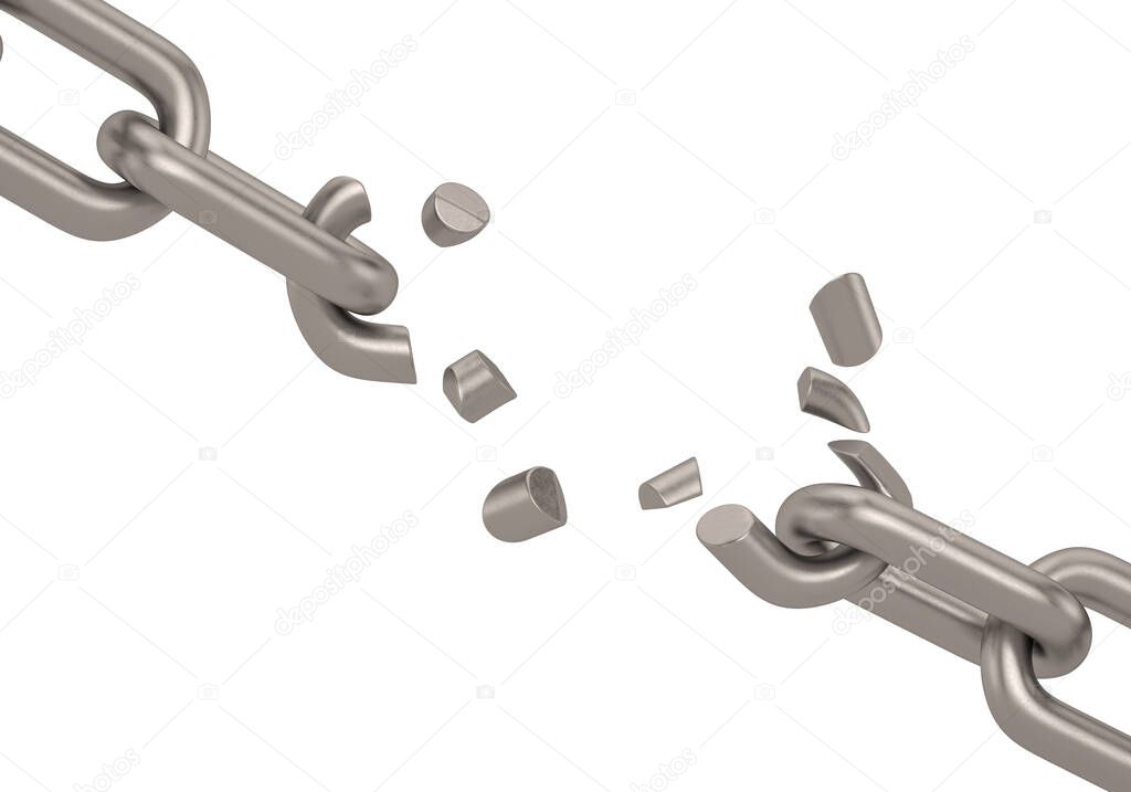 Broken steel chain links freedom vector concept. 3D illustration.