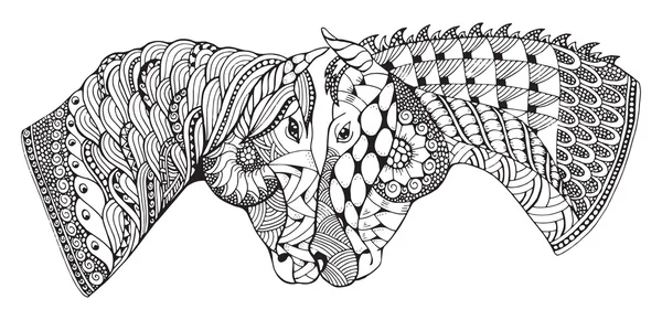 Две лошади, показывающие привязанность, со стилизованным рисунком, векторными иллюстрациями, карандашом, нарисованной рукой, рисунком, любовью. Дзен-искусство . — стоковый вектор