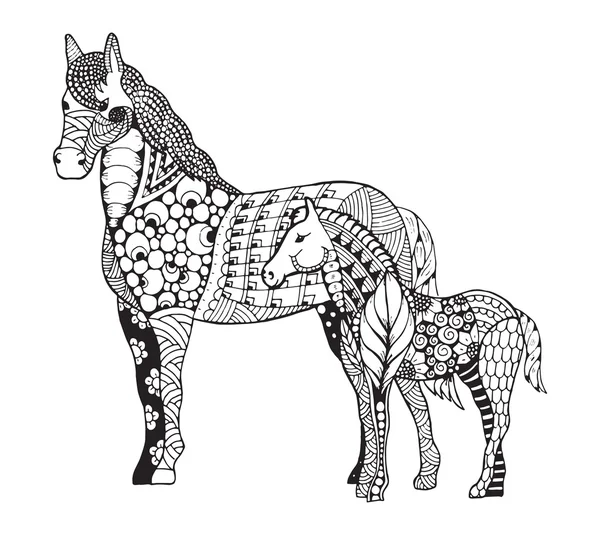 Mare with little foal zentangle stylized. Freehand pencil. Zen art. Vector illustration. — Stock Vector