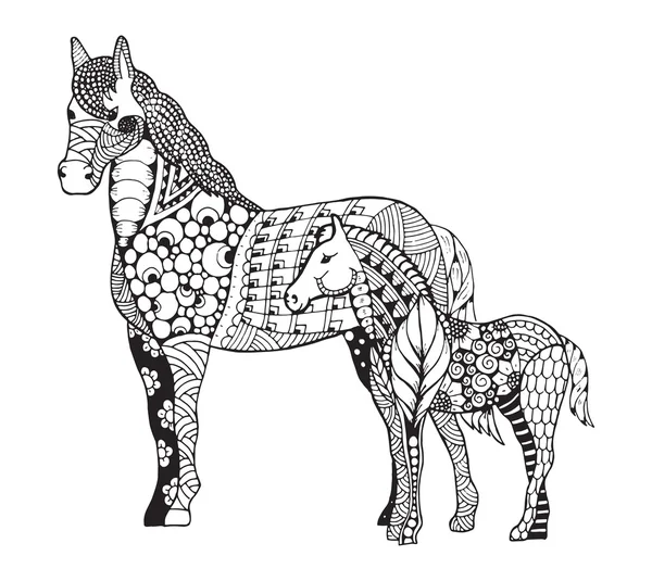 Mare com pequeno zentangle potro estilizado. Lápis à mão livre. Arte zen. Ilustração vetorial . —  Vetores de Stock