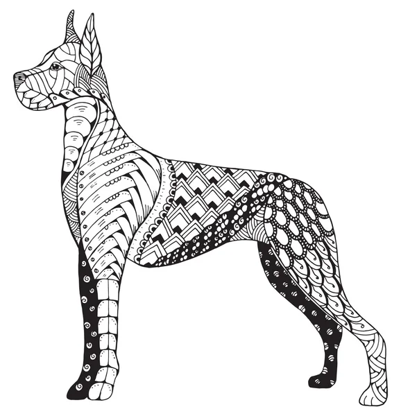Grande cão dinamarquês zentangle cabeça estilizada, lápis à mão livre, desenhado à mão, padrão. Arte zen. Vetor ornado. Coloração . —  Vetores de Stock