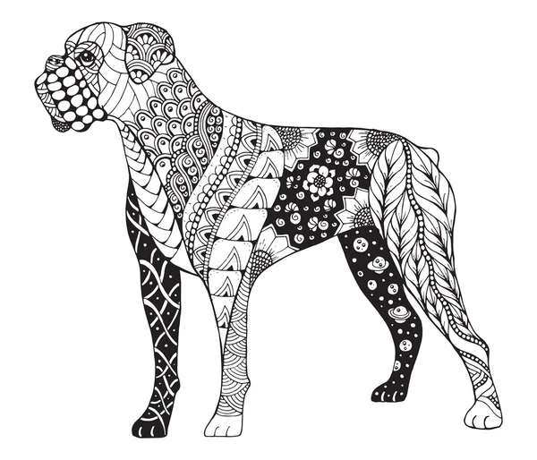 Boxerhund zentangle stilisiert, Vektor, Illustration, Freihandstift, handgezeichnet, Muster. Zen-Kunst. Verschnörkelte Vektor. Spitze. — Stockvektor
