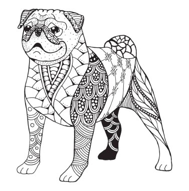 Stilize pug köpek zentangle, vektör, illüstrasyon, el yapımı kalem, elle çizilmiş, desen.
