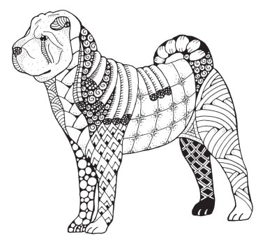 Shar pei köpek zentangle stilize, vektör, illüstrasyon, el yapımı kalem, elle çizilmiş, desen.