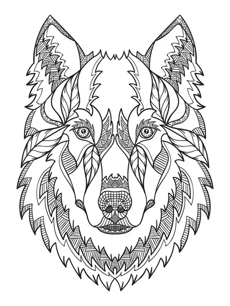 Graue Wolfskopfzentangle, Doodle stilisiert, Vektor, Illustration, handgezeichnet, Muster. Zen-Kunst. Verschnörkelte Vektor. Schwarz-Weiß-Illustration auf weißem Hintergrund. — Stockvektor