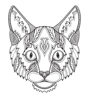 Kedi baş zentangle, stilize doodle, vektör, illüstrasyon, el yapımı kalem, elle çizilmiş, desen. Zen sanat. Süslü vektör. Dantel. Renk.  