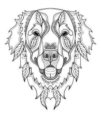 Golden retriever köpek zentangle, doodle stilize kafa, elle çizilmiş, desen. Zen sanat. Süslü vektör. Beyaz arka planda siyah beyaz resim.
