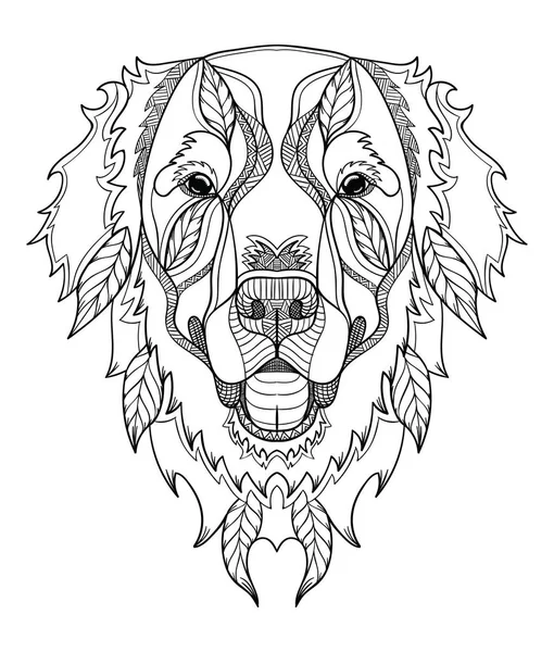 Golden Retriever Dog Zentangle, Doodle stilisierter Kopf, handgezeichnet, Muster. Zen-Kunst. Verschnörkelte Vektor. Schwarz-Weiß-Illustration auf weißem Hintergrund. — Stockvektor