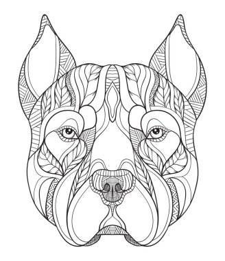 Çukur boğa korkunç baş zentangle stilize, vektör, illüstrasyon, el yapımı kalem, elle çizilmiş, desen. Zen sanat. Süslü vektör. Dantel. Beyaz arka planda siyah ve beyaz resim. Hat sanatı.