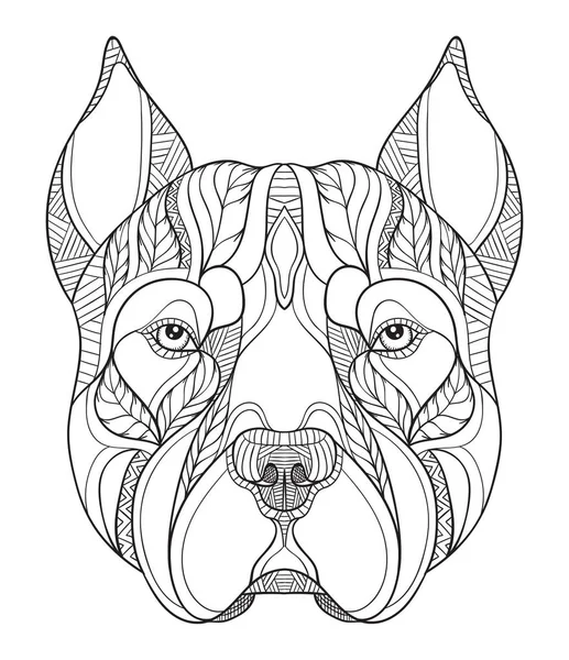 Pit bull terrier cabeza zentangle estilizado, vector, ilustración, lápiz a mano alzada, dibujado a mano, patrón. Arte zen. Vector adornado. Encaje. Ilustración en blanco y negro sobre fondo blanco. Línea de arte . — Vector de stock