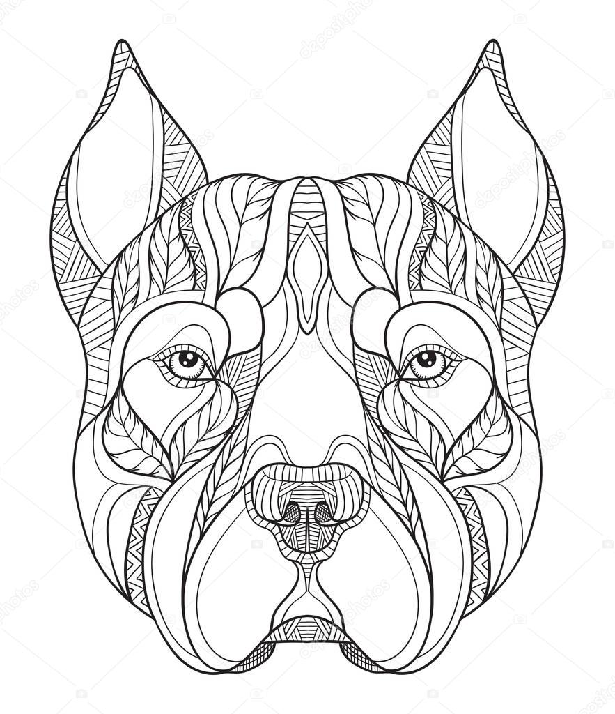 Pit bull terrier head zentangle stylized, vector, illustration, freehand pencil, hand drawn, pattern. Zen art. Ornate vector. Lace. Black and white illustration on white background. Line art.