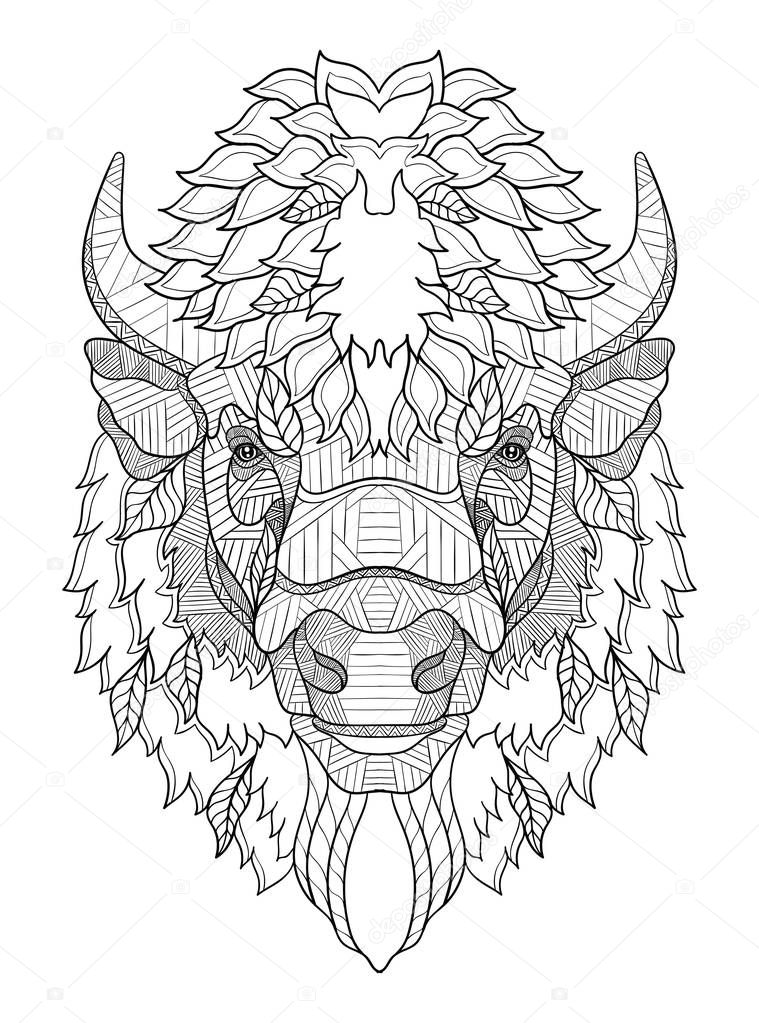 American buffalo head zentangle stylized, vector, illustration, freehand pencil, hand drawn, pattern. Zen art. Ornate vector. Lace. Coloring.