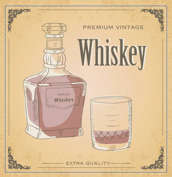 Ilustración vectorial de botella de whisky y vidrio. Palabras whisky vintage premium y calidad extra. Adorno. Retro y vintage . — Vector de stock