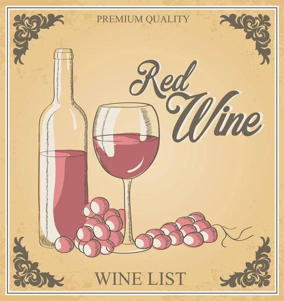 Vektör çizim, şarap şişesi, üzüm şarap cam. Kelimeler sınıf kalitesi, kırmızı şarap ve şarap listesi. Retro ve vintage poster. Süsleme. — Stok Vektör