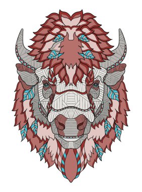 Amerikan buffalo baş stilize zentangle, vektör, illüstrasyon, elle çizilmiş, desen. Zen sanat. Süslü vektör. Beyaz arka plan üzerinde renkli çizimi.
