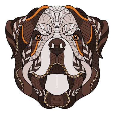 Rottweiler köpek zentangle, doodle stilize kafa, elle çizilmiş, desen. Zen sanat. Süslü vektör. Beyaz arka plan üzerinde renkli çizimi. 