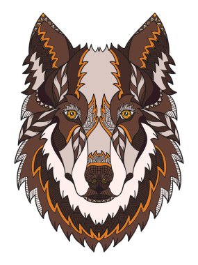 Kurt baş zentangle stilize, vektör, illüstrasyon, el yapımı kalem, elle çizilmiş, desen. Zen sanat. Süslü vektör. Beyaz arka plan üzerinde renkli çizimi.