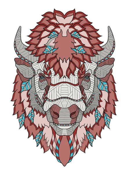 American buffalo head zentangle stylized, vector, illustration, hand drawn, pattern. Zen art. Ornate vector. Color illustration on white background. — Stock Vector