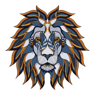 Aslan baş zentangle, stilize doodle, vektör, illüstrasyon, elle çizilmiş, desen. Zen sanat. Beyaz arka plan üzerinde renkli çizimi.