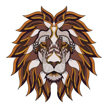 Aslan baş zentangle, stilize doodle, vektör, illüstrasyon, elle çizilmiş, desen. Zen sanat. Beyaz arka plan üzerinde renkli resimde. Hat sanatı.