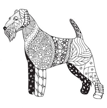 Stilize welsh korkunç köpek zentangle, vektör, illüstrasyon, el yapımı kalem, elle çizilmiş, desen. Zen sanat. Beyaz arka planda siyah beyaz resim.