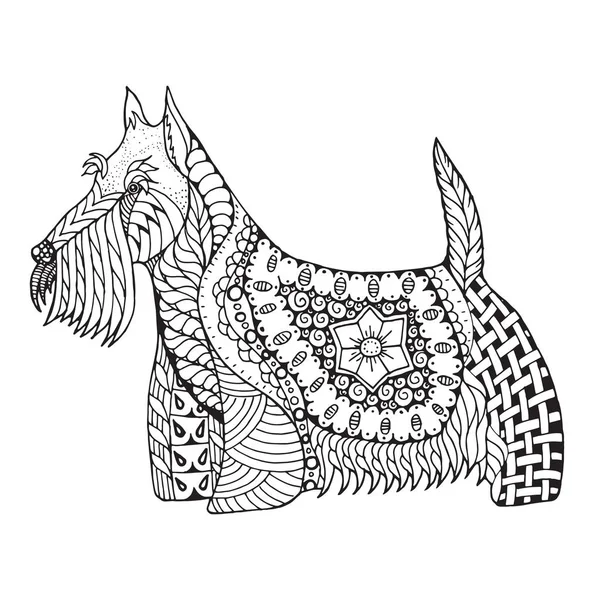 Anjing terrier Skotlandia zentangle bergaya, vektor, ilustrasi, pensil tangan bebas, gambar tangan, pola. Seni Zen. Ilustrasi hitam dan putih pada latar belakang putih . - Stok Vektor