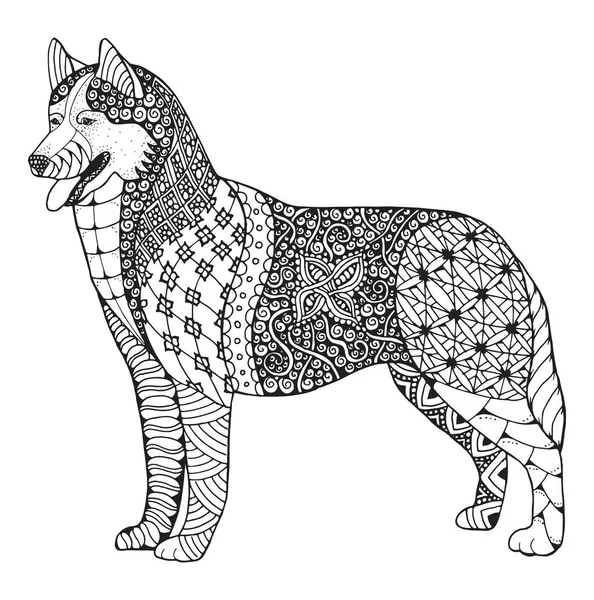 Sibirya husky köpek zentangle stilize, vektör, illüstrasyon, el yapımı kalem, elle çizilmiş, desen. Zen sanat. Beyaz arka planda siyah beyaz resim. — Stok Vektör